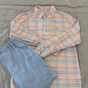 Boys size M (12-14) Vineyard Vines Plaid Whale Shirt and coordinating shorts